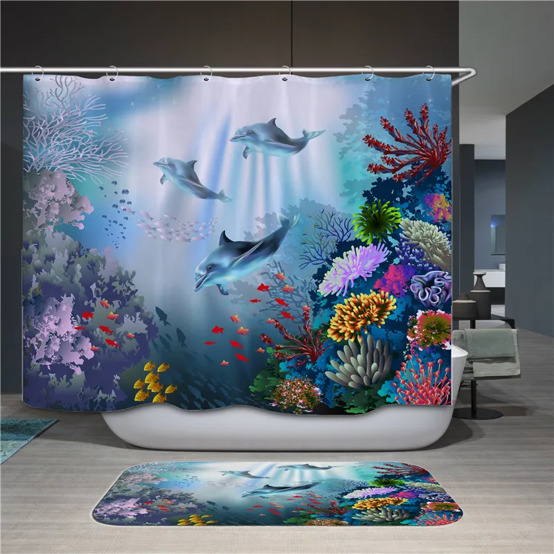 Ocean Dolphin Animal Pattern Polyester Shower Curtain Bathroom Waterproof Belt 10 Hook Shower Curtain for Home Decor