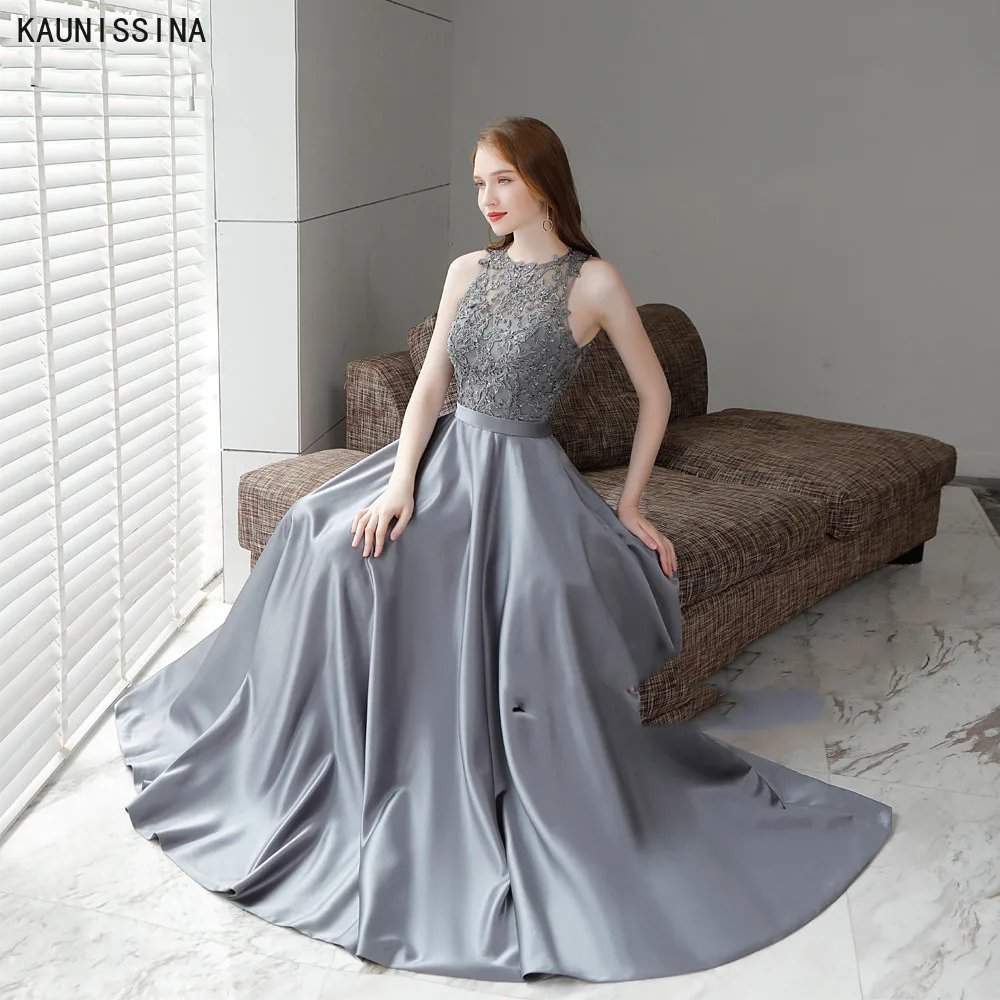 

A Line Long Evening Dress Long O-Neck Beadings Sleeveless Floor-Length Satin Party Dress Elegant Vestido De Festa New Prom Gowns