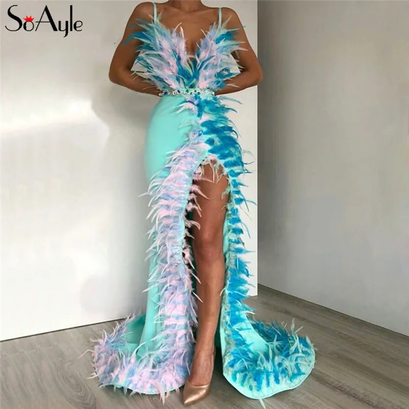 Feather-Evening-Dress-Hot-Sexy-High-Split-Side-African-Prom-Dresses-Beaded-Party-Gowns-Robe-De
