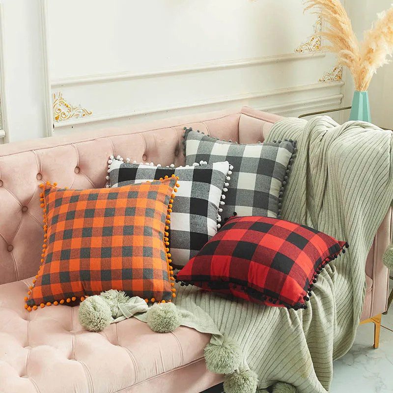 

Pillow case 45 * 45CM Fashion Pastoral Plaid with Fringe Ball Side Pillowcase Home hotel square decorative pillowcase