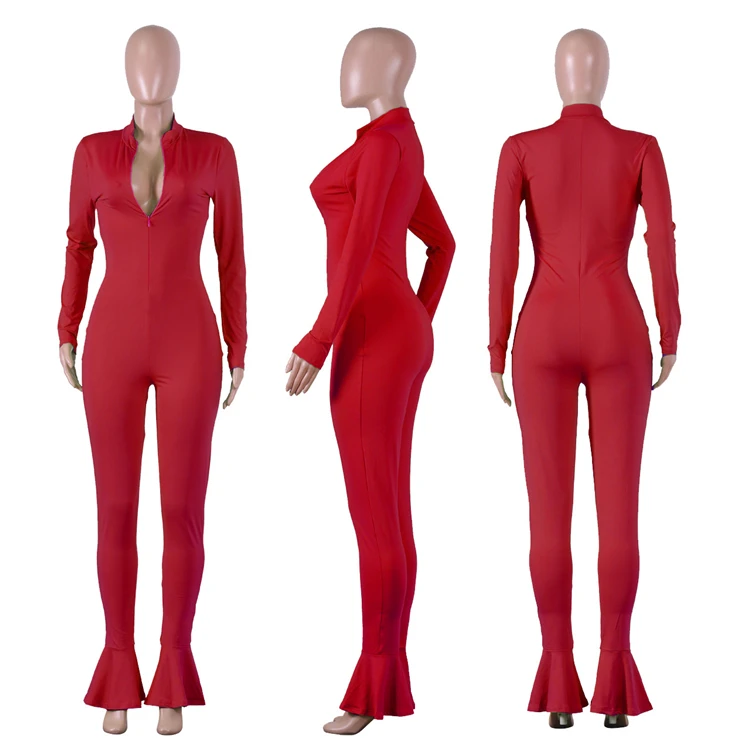 A110548 cheap apparel solid color zipper long sleeve ruffle feet hem Jumpsuit Clothing Woman Clothes