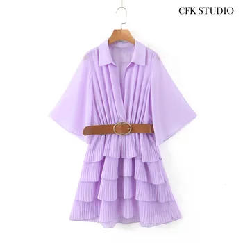 

Za 2020 Summer Women Elegant MiniDress with Turn-down Collar Solid Short Sleeve Pleated Dress Free Belt Purple Chiffon Robe