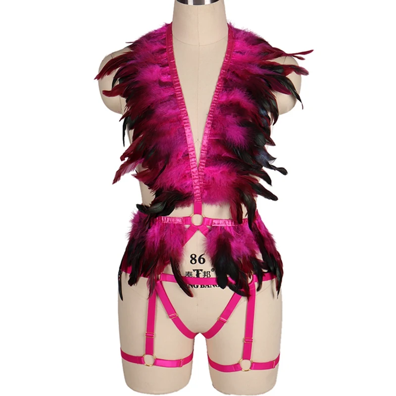 MLCO0016ROSERED Перьевые эполеты крылья Готический Rave перо платье BurningMan боди жгут белье зеленый бандаж Подвязки Пояс искусство одежда - Цвет: MLCO0016ROSERED