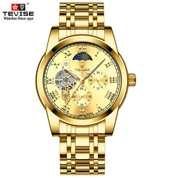 

Luxury TEVISE Automatic Mechanical Watch Man Tourbillon Gold Wristwatch Chronograph Moon Phase Fashion Bussiness Clock 9005B