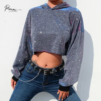 

Prowow New Fashion Style Women Crop Tops Shinny Female Long Sleeves Women Clothes Ladies Casual Loose Holiday Party Club Tops