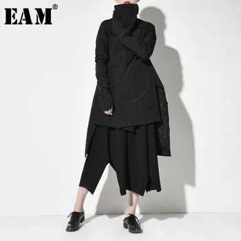 

[EAM] Asymmetrical High Collar Cotton-padded Coat Long Sleeve Loose Fit Women Parkas Fashion Tide New Spring Autumn 2020 YA7710