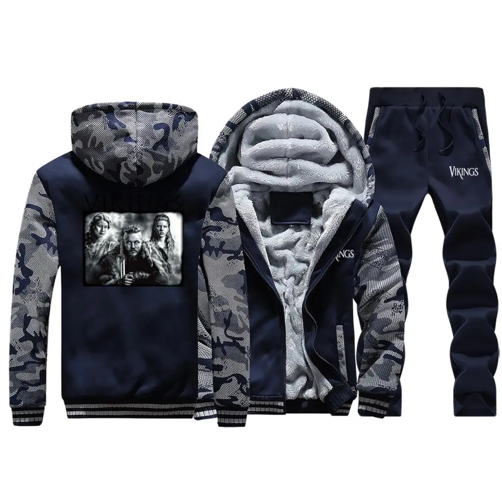 Dark Blue Викинги мультфильм японский камуфляж куртка+ брюки 2 шт. наборы одежды верхняя одежда толстые теплые толстовки мужские зимние теплые костюмы пальто - Цвет: Dark Blue