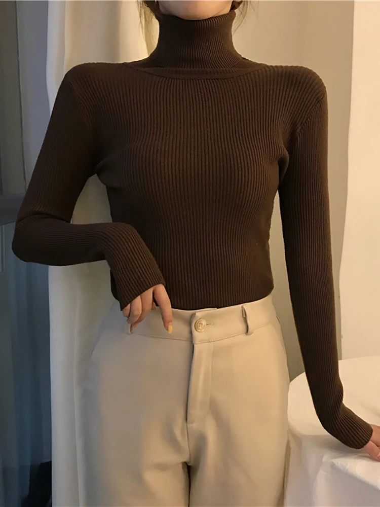 oversized sweaters Autumn Winter New Women Knitted Pullover Long Sleeve Ribbed Casual Slim Knit Sweater Female Turtlenck Solid Basic Kintwear Femme white sweater