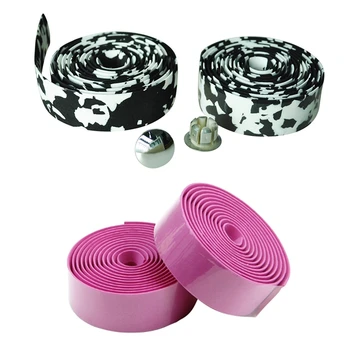 

2 pair Road Bike Bicycle Cork Handlebar Bar Grip Wrap Tape + Bar Plugs- Black-white camo & Rose Red