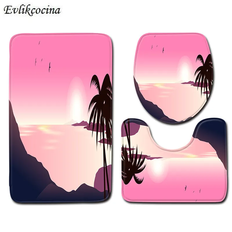 

Free Shipping 3 Pcs Seaside Landscape Bath Mats Set Anti Slip For Bathroom Tapete Banheiro Washable Toilet Rugs Alfombra Bano