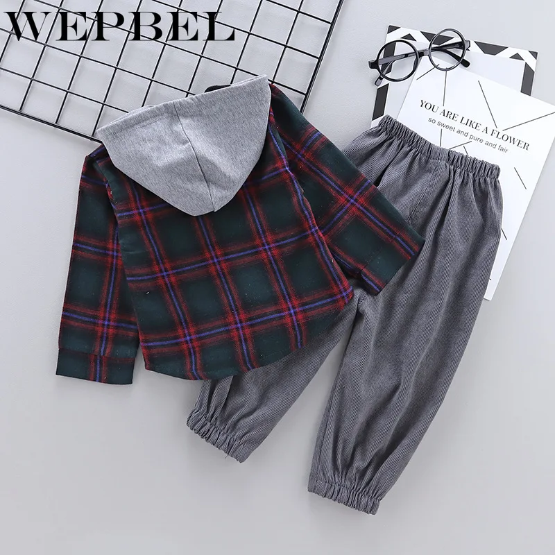 WEPBEL/Модные осенние Топы с капюшоном для маленьких мальчиков и девочек, штаны, комплект одежды в клетку из 2 предметов
