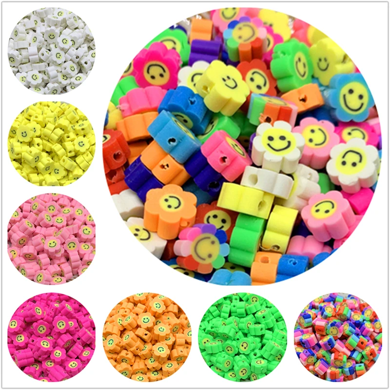 30 unids/lote 10mm Smiley cuentas de girasol forma arcilla perlas de espaciador granos de arcilla de polímero para joyería DIY accesorios hechos a mano