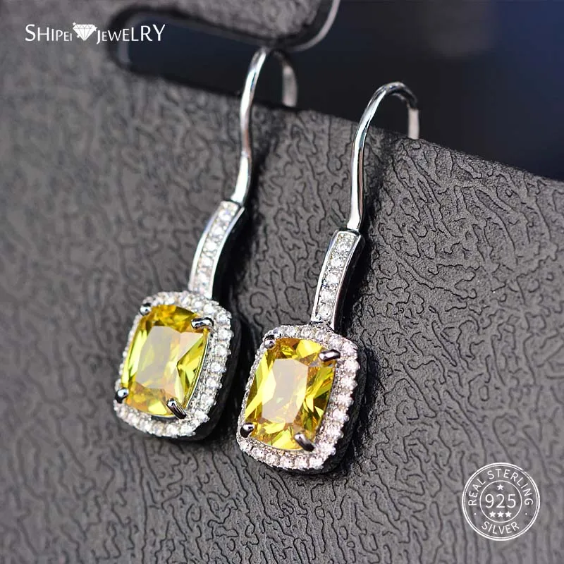 Shipei 925 пробы Серебряные Ювелирные Украшения Розовый Желтый Сапфир Изумруд Рубин квадратные Висячие серьги для женщин подарок на день рождения - Цвет камня: Yellow Sapphire