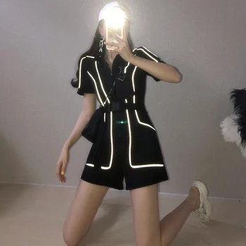 

3M reflective stripes fashion nightclub jumpsuit female 2020 new slim slimming zipper jumpsuit tide shorts