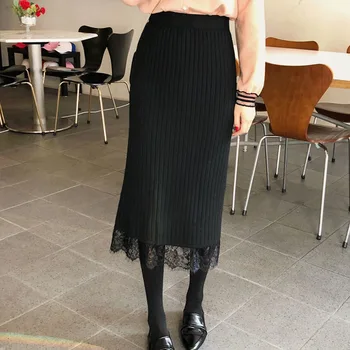 

Knit Skirt High Waist Pencil Elastic Split Laces Solid Office Lady Black Grey Simple Winter Autumn Female Skirts A8