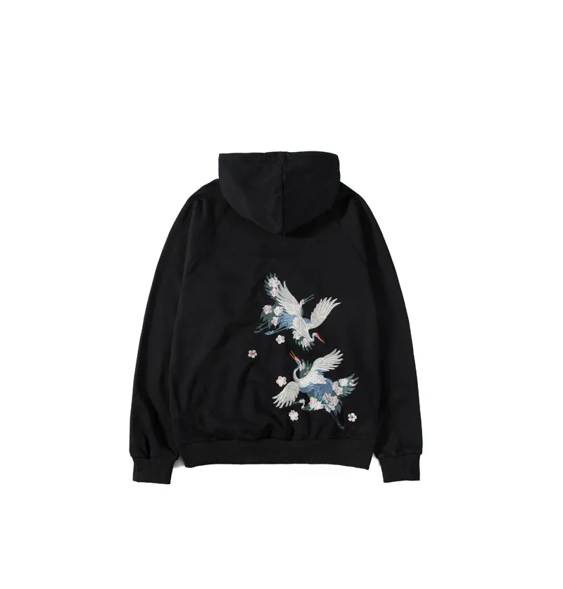 Black GONTHWID Embroidered Cranes Cherry Blossoms Thin Sweatshirts Pullover Hoodies Harajuku Streetwear Hooded Sweatshirt Casual Tops - Color: Black
