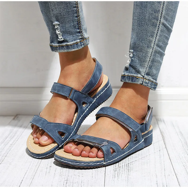 

Summer Women Flat Sandals Hook & Loop Open Toe Ladies Platform Sewing Comfort Female Retro Causal Shoes Plus Size 34-43