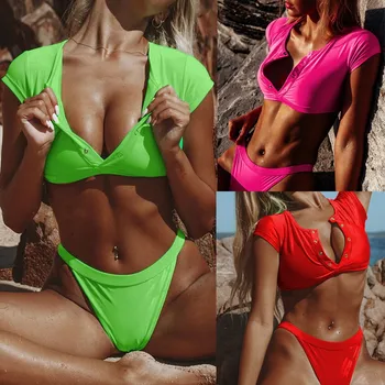 

Women's Sexy Solid Color Buttons Biquini Tank Top Split Bathingsuit Short Sleeves Underwear Sports Lady Intimates Traje de baño