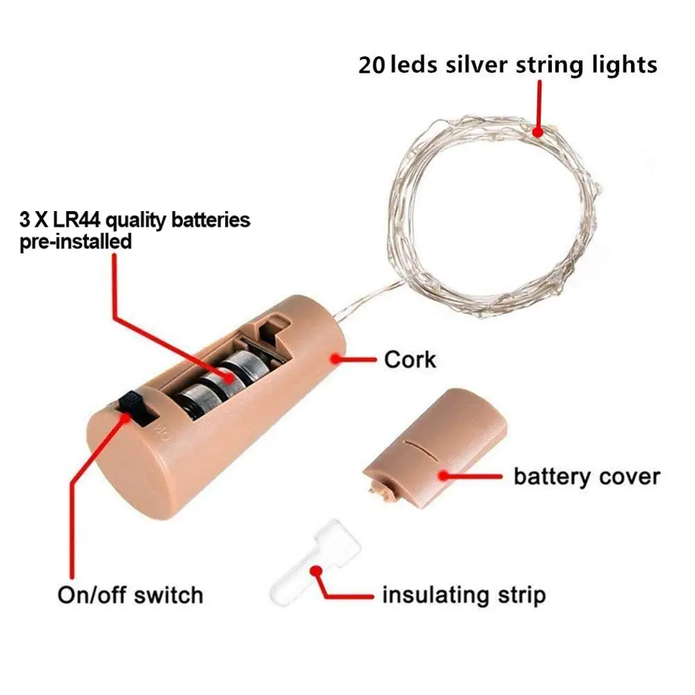 Гирлянды винная бутылка с пробкой 20 светодиодный гирлянда в бутылке пробковая батарея для вечерние Свадебные Рождественские украшения для сада на Хэллоуин