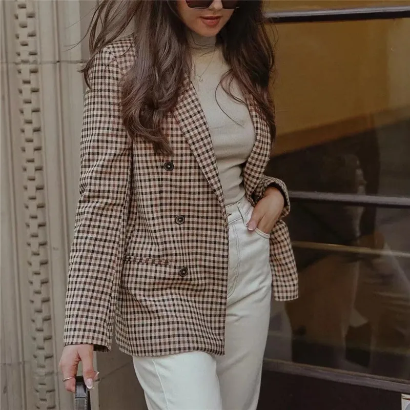 white short suit set TRAF Blue Pink Blazer Women Double Breasted Long Sleeve Jacket Woman Winter 2021 Fitted Coat Tweed Elegant Female Blazer womens suit set