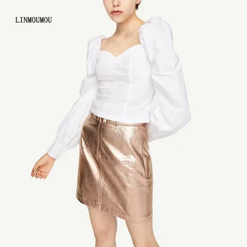 

Ladies Summer Fashion Shirt Square Collar Puff Sleeve Long Sleeve Top Slim Short Shirt