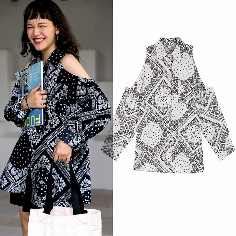 

Женская рубашка с открытыми плечами и длинным рукавом, с принтом в стиле Харадзюку, повседневные топы, свободные рубашки, женская одежда, модная, большого размера, SL097