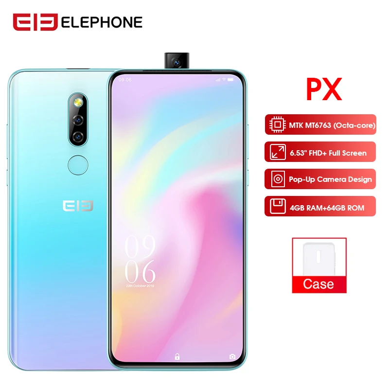 Elephone PX 6,5" FHD+ полноэкранная 16 МП всплывающая камера четырехъядерный глобальный мобильный телефон Android 9,0 смартфон с отпечатком пальца