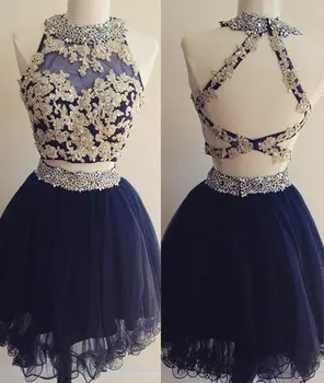 

Short Navy Blue Beaded Tulle Homecoming Dresses with Pockets Halter Knee Length Open Back Graduation Dresses for Juniors