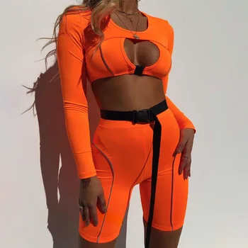 

Women Slim Skinny Two Pieces Set Reflective Striped Patchwork Tracksuit Women Hollow Out Button Crop Top With Shorts Tracksuit