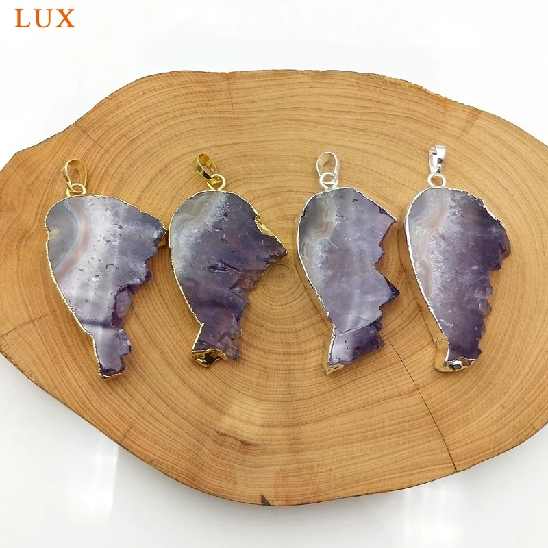 Позолоченная подвеска с натуральным аметистом фиолетовая Друза кристаллом для