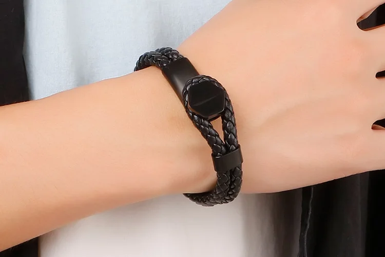 20cm Stainless Steel Gold/Silver/Black Hexagon Bracelet Men's Charm Double Layer Leather Bracelet Homme Jewelry Accessory