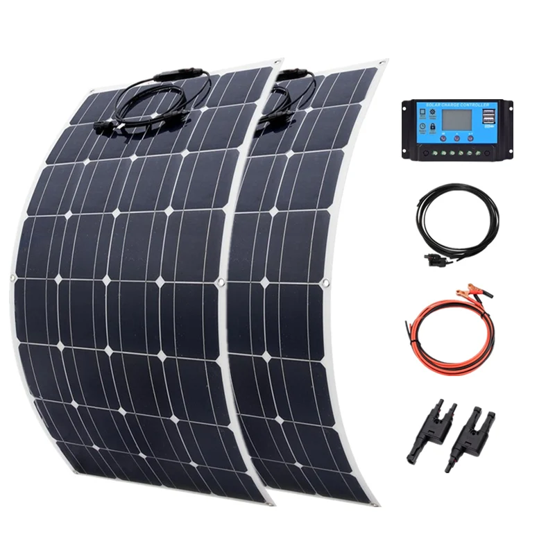 200W 100W Mono Flexible Solar Panel 20A/10A Solar Controller Module for Car RV Boat Home Roof Vans Camping 12V 24V Solar Battery - Color: 200W solar system