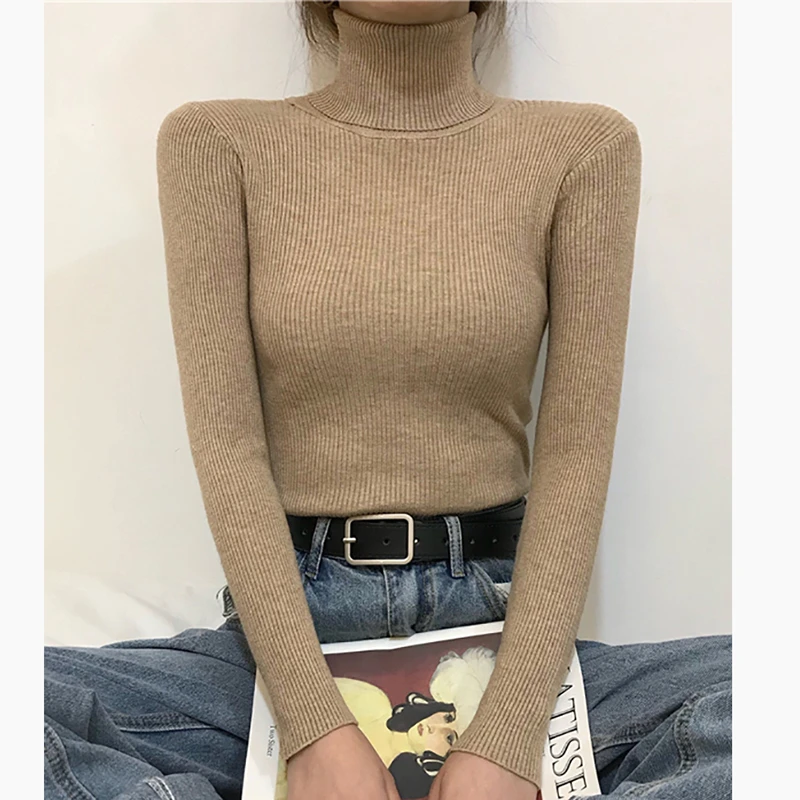 oversized sweaters Autumn Winter New Women Knitted Pullover Long Sleeve Ribbed Casual Slim Knit Sweater Female Turtlenck Solid Basic Kintwear Femme white sweater