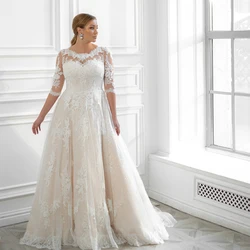 Half Sleeve Scoop Wedding Dresses for Ladies Floor-Length Ivory Bridal Gowns 2022 Summer with Puffy Tulle robe de mariée Button