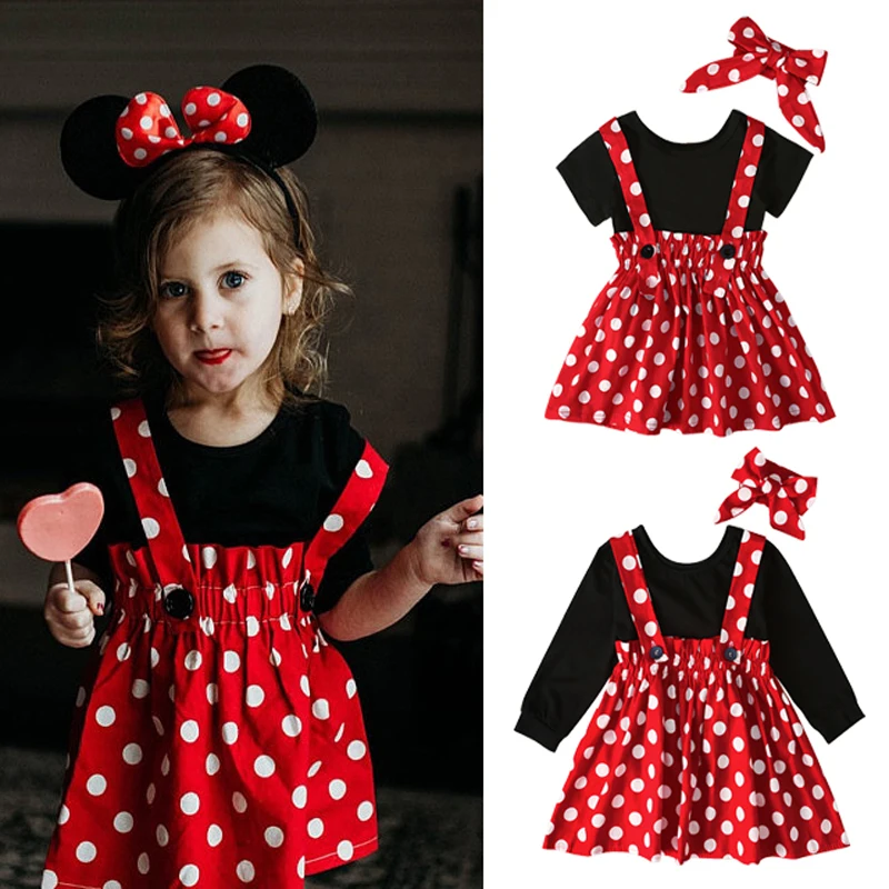 

Rorychen 2019 Summer Sweet Baby Kids Girls Clothes Black Short Sleeve Tops Strap Skirts Headbands 3Pcs Polka Dot Cartoon Outfit