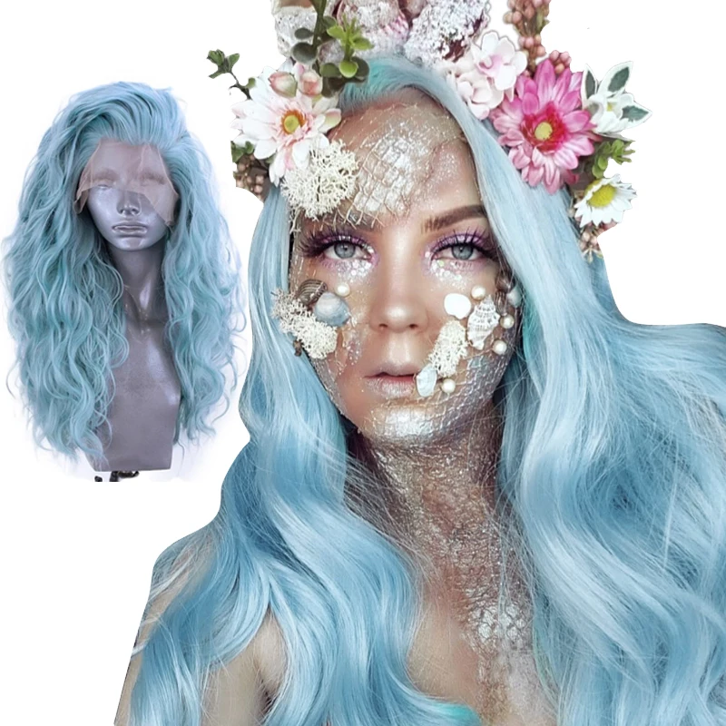 Anogol Mint Green Brand New High Temperature Fiber Water Wave Free Part Hair Long Wigs Synthetic Lace Front Wig For Women