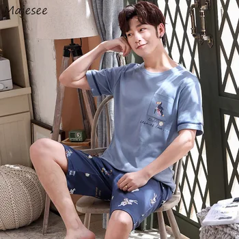 

Pajama Sets Men Loose Plus Size 3XL O-neck Printed Summer Short Sleeve Mens Pajamas Korean Style Homewear Chic New Ins Trendy BF