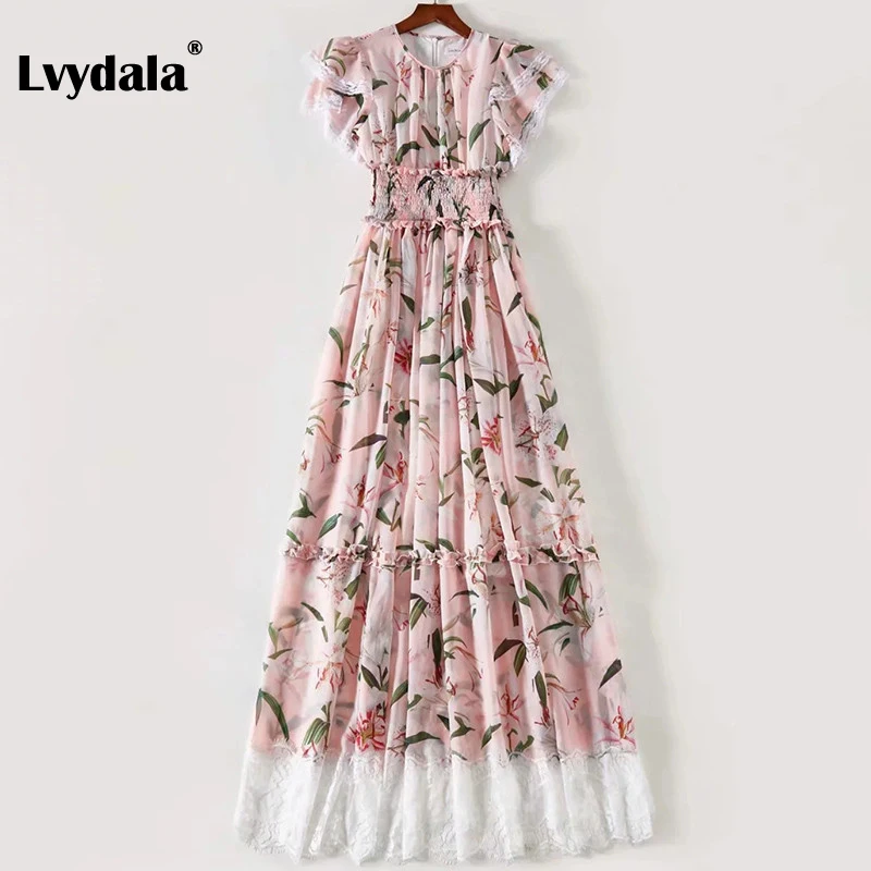 Lvydala, модное дизайнерское подиумное платье, весна-лето, женское розовое платье, кружева, лилия, цветочный принт, эластичный пояс, платья