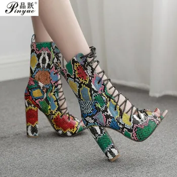 

Fashion Women's Ladies Summer sansals Snake Grain Roman Lace Up Multicolor Snake Skin High Heel Shoes Woman Sandals Shoes Boots
