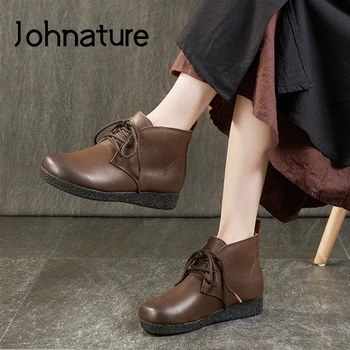 

Johnature Ankle Boots For Women 2020 New Winter Shoes Woman Lace-up Round Toe Flat With Genuine Leather Sewing Ladies Boots