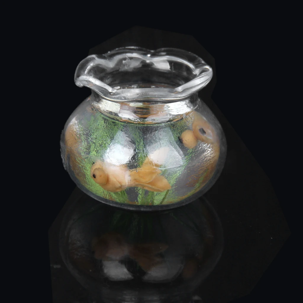 MIni Fish Bowl Tank W/ Water Gold Fish Plants 1/12 Dollhouse Pets Table Decor Miniature Mini Goldfish Fish Aquarium