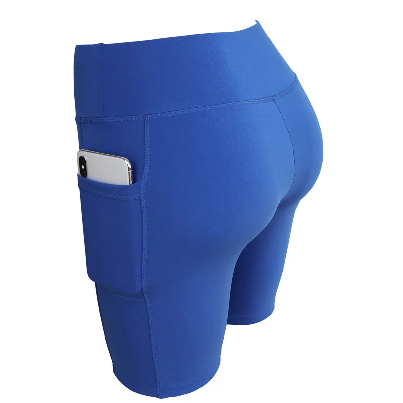 С высокой талией, для фитнеса женские шорты с карманом быстросохнущие эластичные тренировки короткие велосипедные шорты Femme для похудения - Цвет: Blue