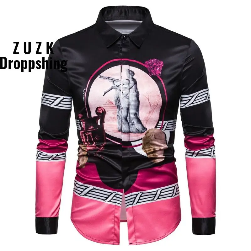 God  Quality  Soft Material Men Slim Fit Shirt  culpture Avatar Flower Shirt Male Hawaiian Long-sleeved  Camisa Masculina Shirt