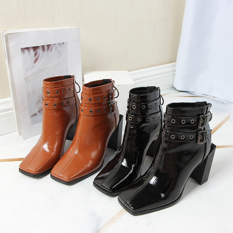 

Shoes Woman Patent Leather Zip Ankle Boots Square Heels Short Boot Buckle Ladies Winter Booties Zapatos De Mujer Black Brown