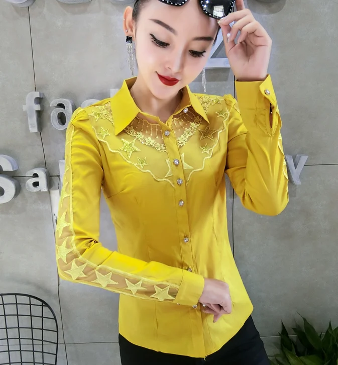 yellow Dingaozlz блузка рубашка новая мода кружевные топы элегантная вышитая блузка отложной воротник с длинным рукавом женская шифоновая рубашка - Цвет: yellow