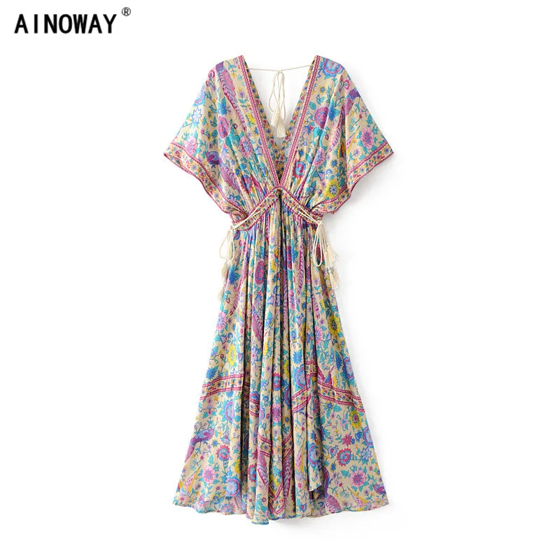 

Vintage Chic women Floral print bat sleeve beach long Bohemian maxi dress Ladies V-neck Tassel Summer Boho dress vestidos