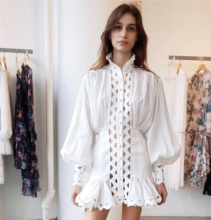 

High Quality Spring 2019 Fashion New Arrival Dress Women Stand Lantern Sleeve Hollow Out Shirt Dress Ruffles Button Mini Dress