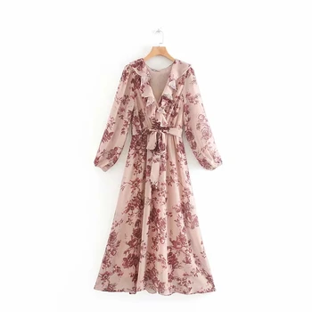 

Spring Summer Vintage Floral A-Line Printed Long Dress Women 2020 Elegant Ruffles V-neck Long Sleeve Maxi Dress