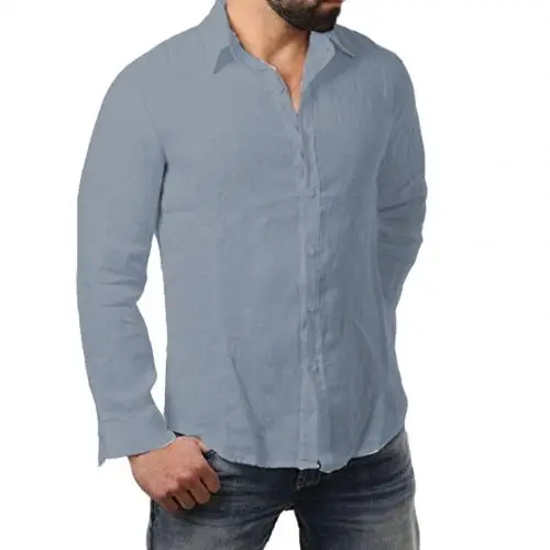 Grey Однотонные мужские рубашки из хлопка и льна, мужские рубашки с отложным воротником и длинным рукавом, мужские рубашки - Цвет: Grey