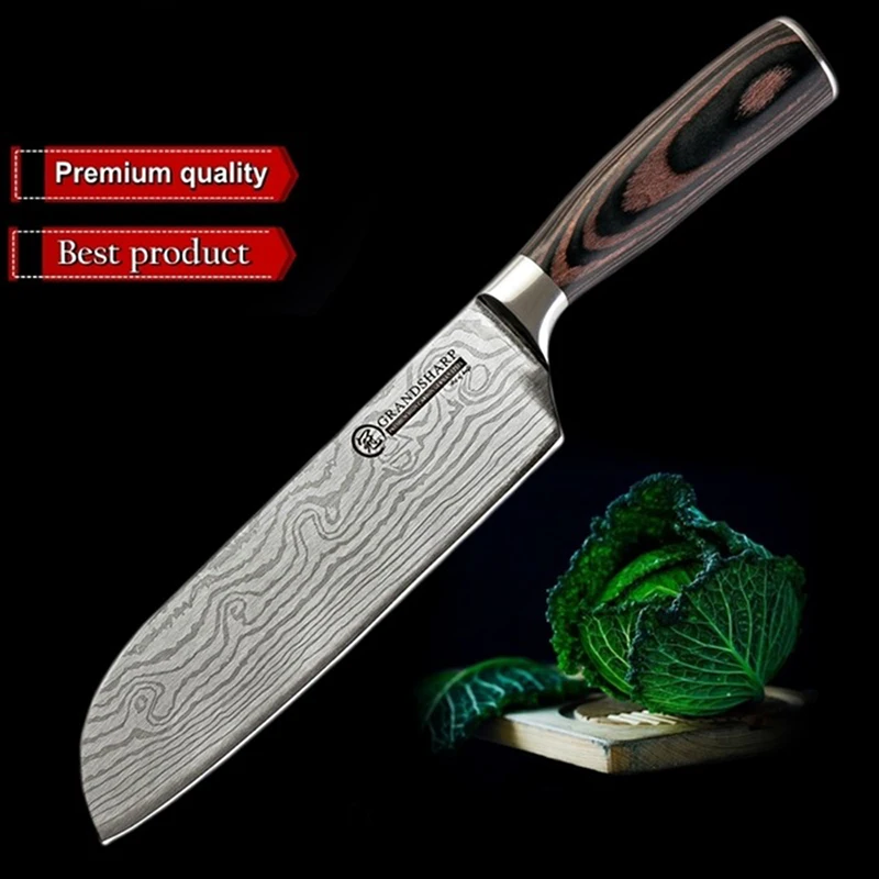 Кухня Ножи 7 дюймов Santoku Ножи японский Нержавеющая сталь шлифовальный станок лазерный нож с узором острое лезвие Ножи подарок Ножи